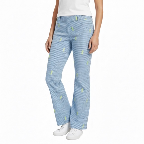 J. Crew Pants - J.Crew Blue White Gingham Lime Green Embroidered Seahorse Pants Lightweight 8